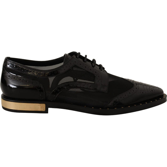 Dolce & Gabbana Black Leather Broques Sheer Wingtip Shoes 1728,61% Leather,67345645728,Black,Dolce & Gabbana,EU35/US4.5,Flat Shoes - Women - Shoes,Material: 39% PA,New with tags,Oxfords and Derbies - Shoes,Shoes,Women,Women - Shoes