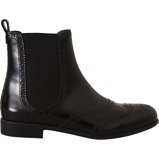 Dolce & Gabbana Black Leather Ankle High Flat Boots Shoes 13% Polyester,1728,67345645728,7% Elastane,Black,Boots - Shoes,Boots - Women - Shoes,Chelsea Boots - Boots - Shoes,Dolce & Gabbana,EU35/US4.5,Material: 80% Leather,New with tags,Shoes,Women,Women -