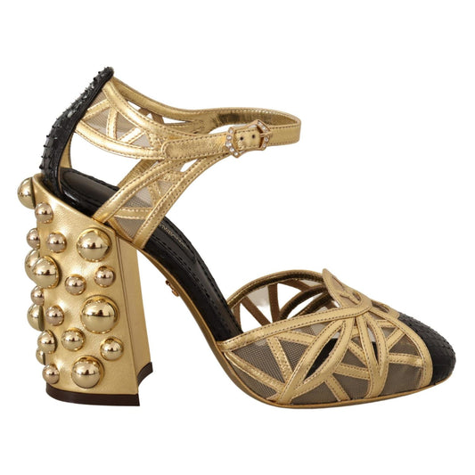 Dolce & Gabbana Black Gold Leather Studded Ankle Straps Shoes Dolce & Gabbana