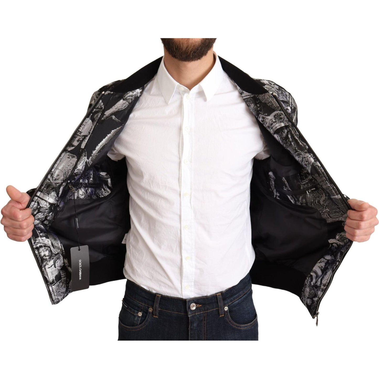 Dolce & Gabbana Black Silver Puppi Motive Bomber Jacket