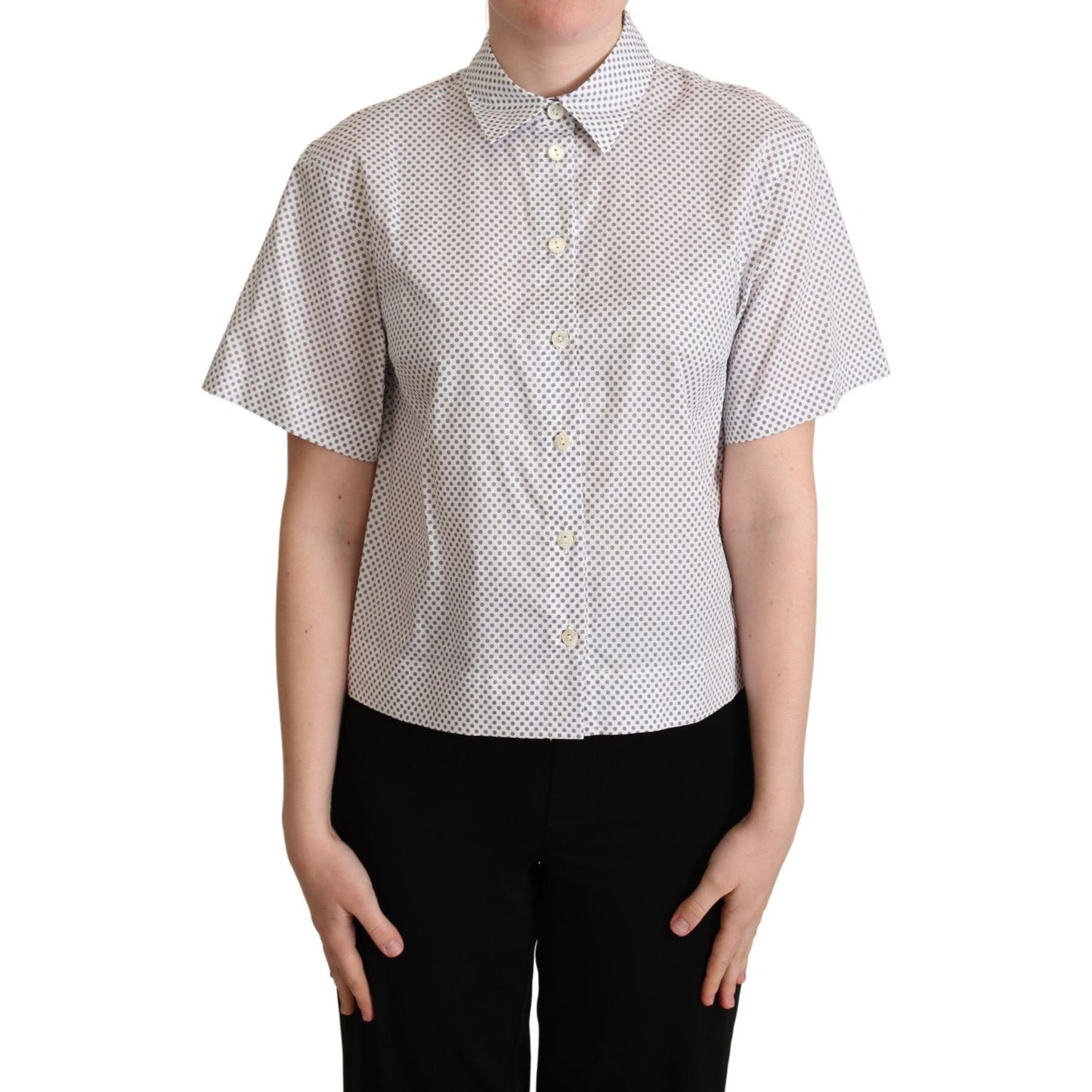 Dolce & Gabbana White Gray Polka Dots Collared Button Shirt 1728,67345645728,Clothing,Dolce & Gabbana,IT40|S,IT42|M,IT44|L,Material: 100% Cotton,New with tags,Shirts - Clothing,Shirts - Women - Clothing,Shortsleeve - Shirts - Clothing,White,Women,Women -