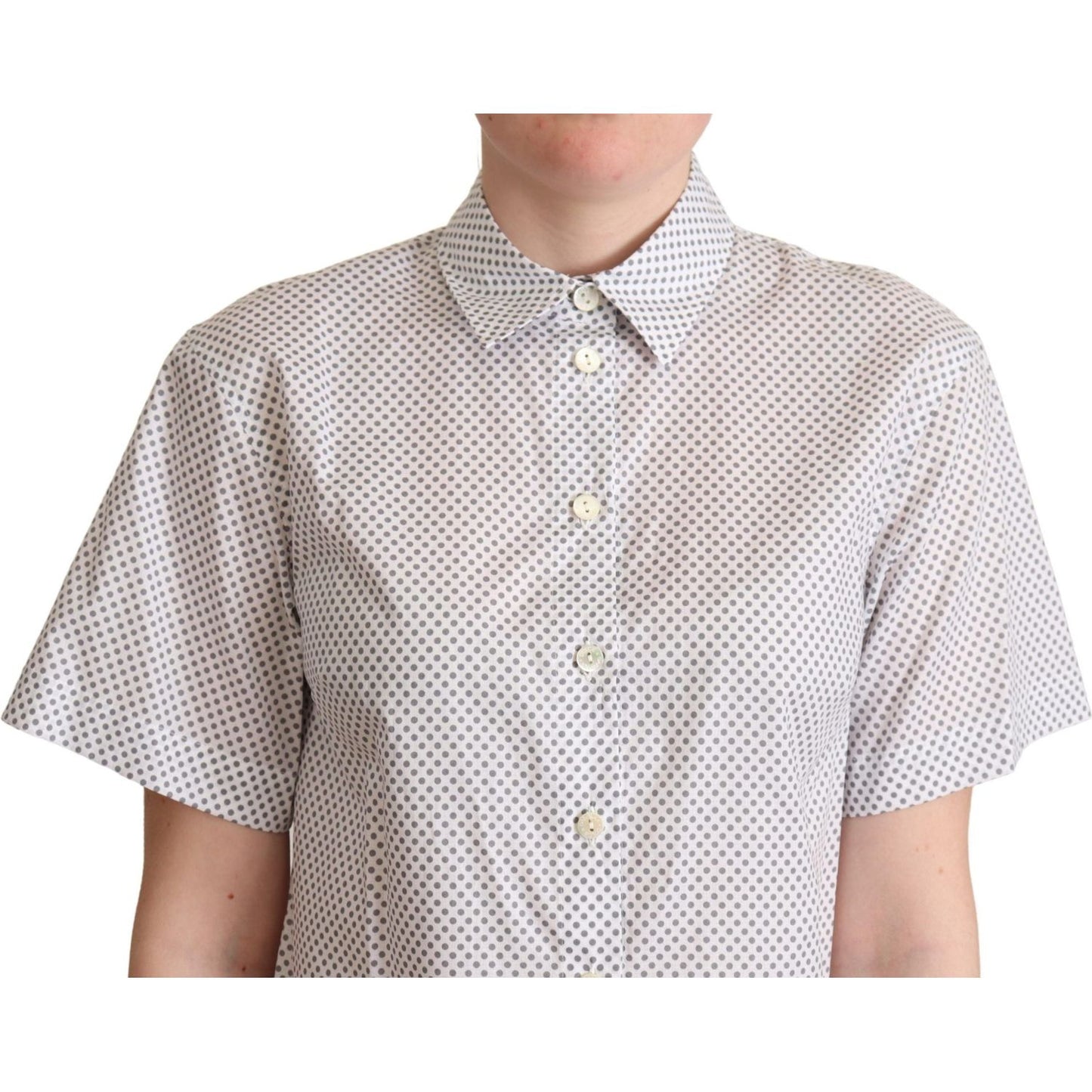 Dolce & Gabbana White Gray Polka Dots Collared Button Shirt 1728,67345645728,Clothing,Dolce & Gabbana,IT40|S,IT42|M,IT44|L,Material: 100% Cotton,New with tags,Shirts - Clothing,Shirts - Women - Clothing,Shortsleeve - Shirts - Clothing,White,Women,Women -