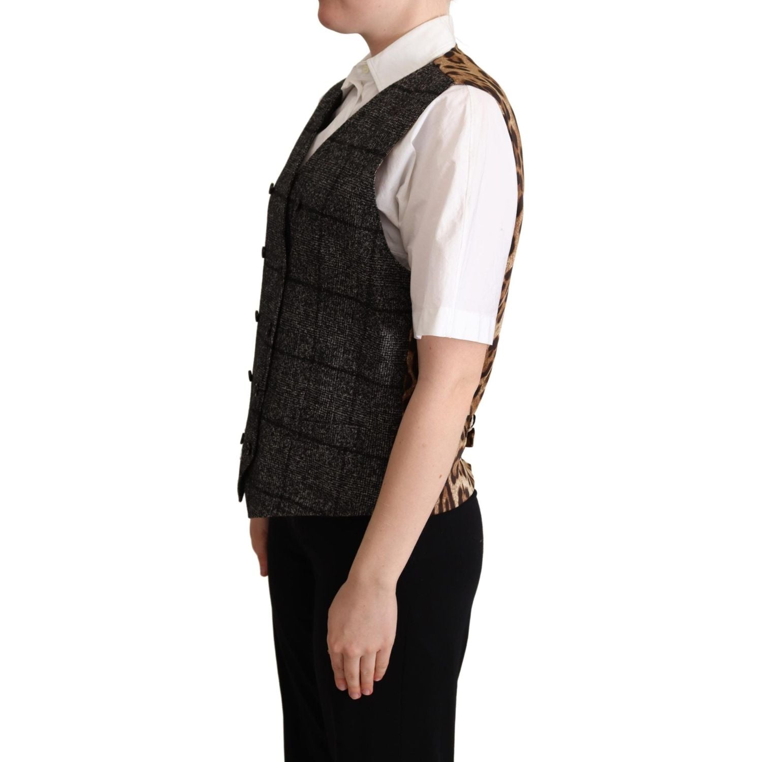 Dolce & Gabbana Gray Wool Leopard Print Waistcoat Vest
