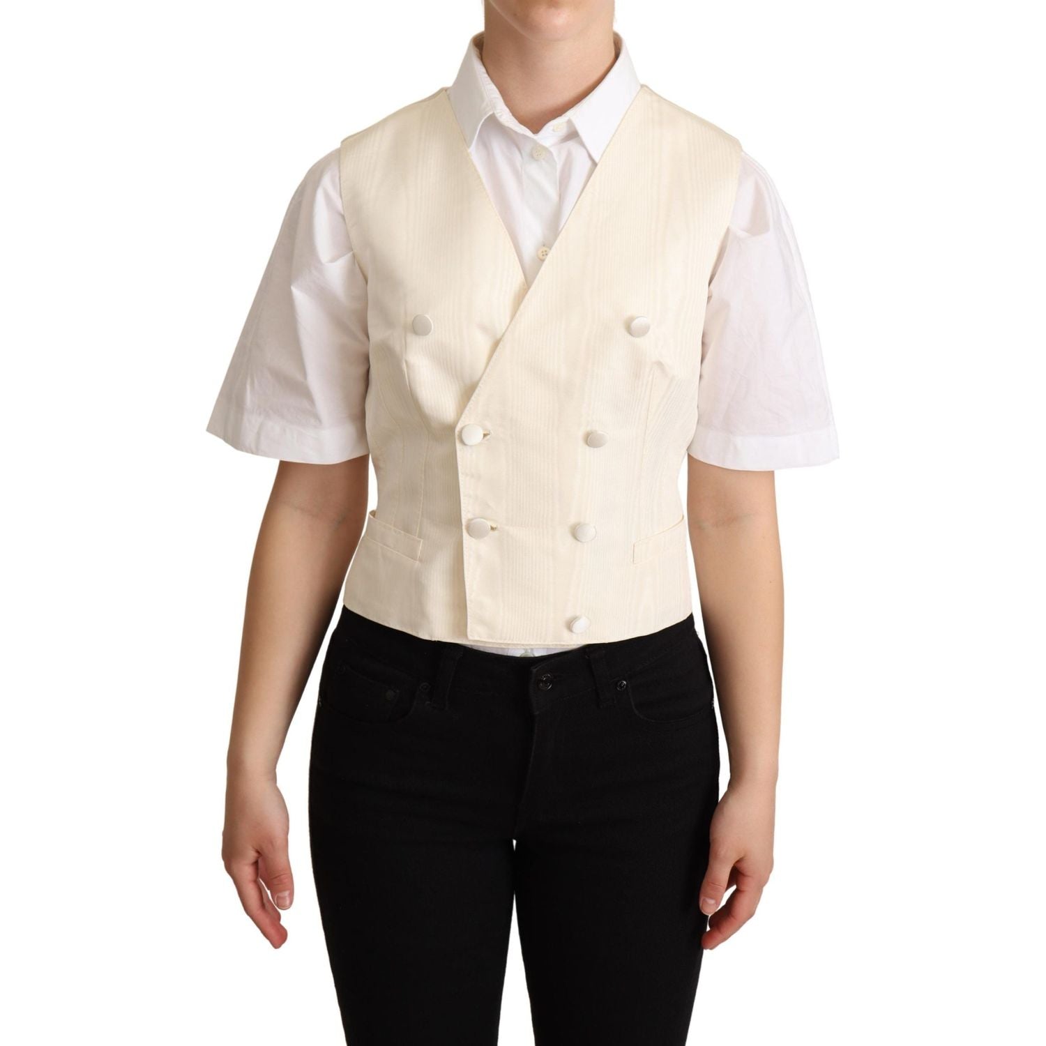 سترة فاخرة بدون أكمام من مزيج الحرير باللون البيج من دولتشي آند غابانا