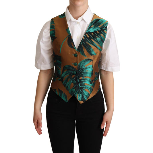 Dolce & Gabbana Elegant Green Leaf Print Waistcoat Dolce & Gabbana Gray