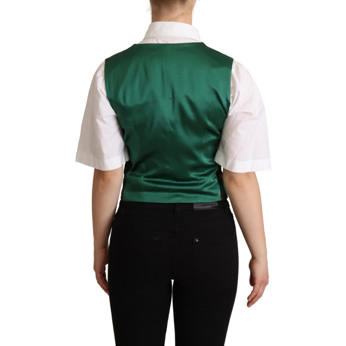 Dolce & Gabbana Green Jacquard Leaf Gold Waistcoat Vest