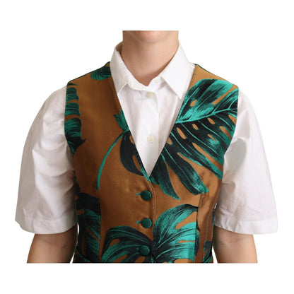 Dolce & Gabbana Green Jacquard Leaf Gold Waistcoat Vest