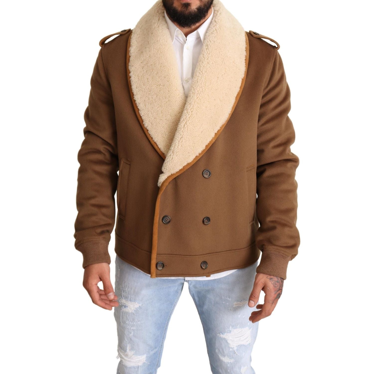 Dolce & Gabbana Brown Double Breasted Shearling Coat Jacket