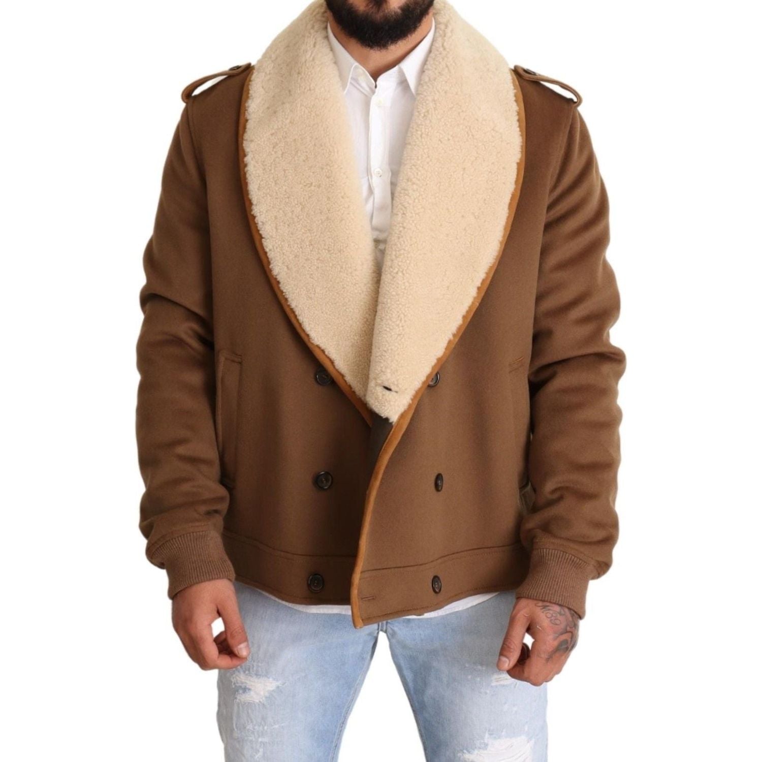 Dolce & Gabbana Brown Double Breasted Shearling Coat Jacket