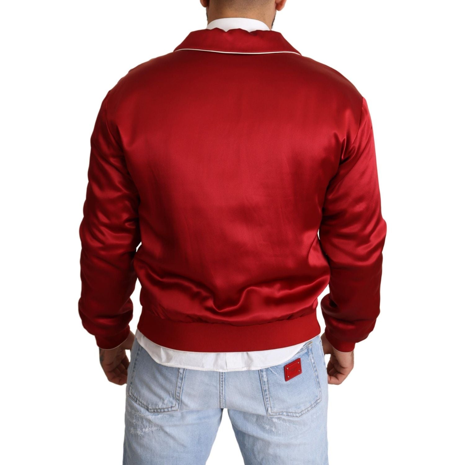 Dolce & Gabbana Red Silk Button DG Logo Bomber Jacket