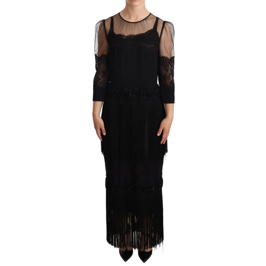 Dolce & Gabbana Black Sheer Floral Lace Crystal Maxi Dress