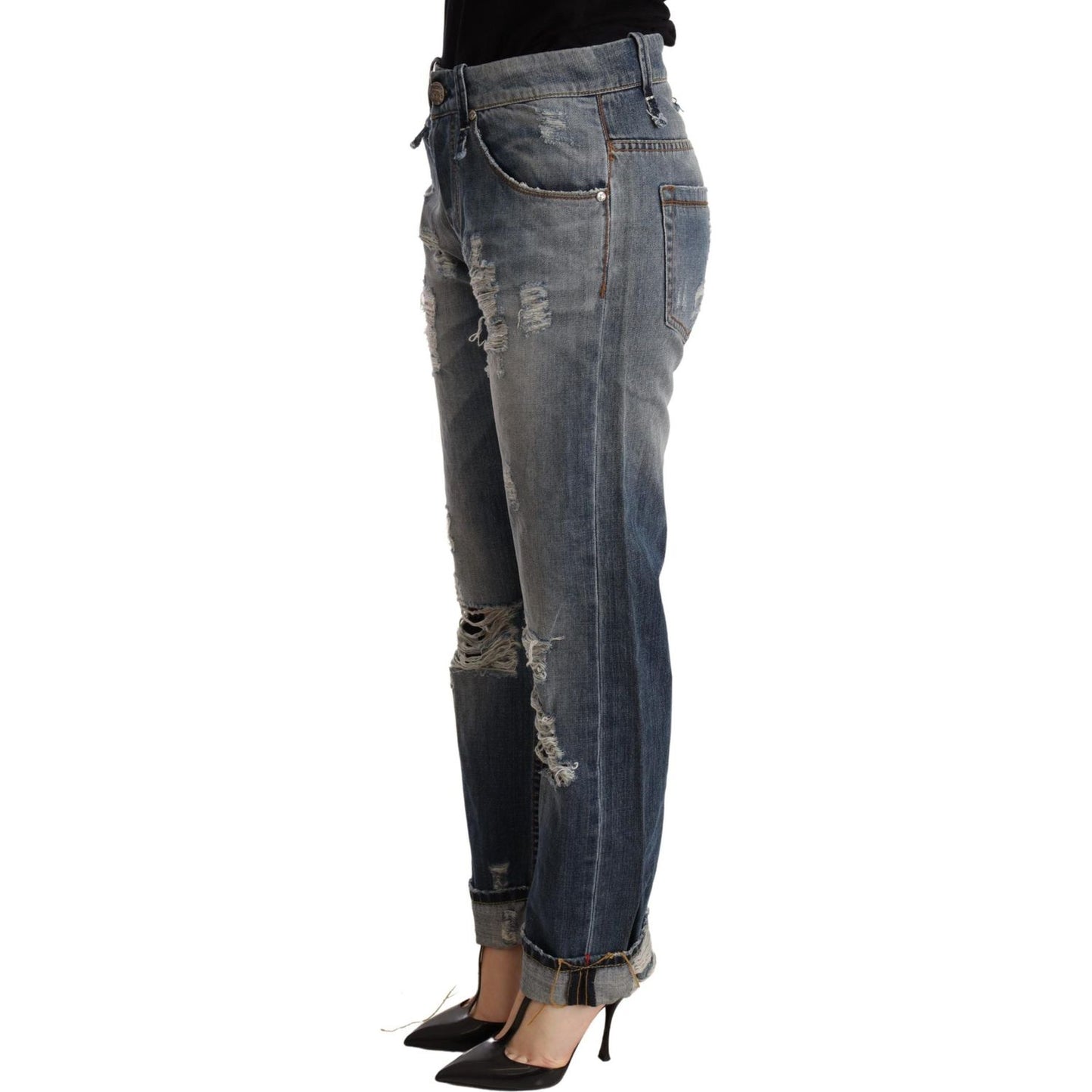 Acht Blue Tattered Mid Waist Straight Denim Trouser