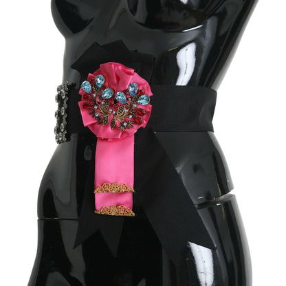 Dolce & Gabbana Black Pink Flower Brooch Crystals Cotton Belt