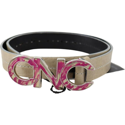 Costume National Beige Leather Pink Letter Logo Buckle Belt