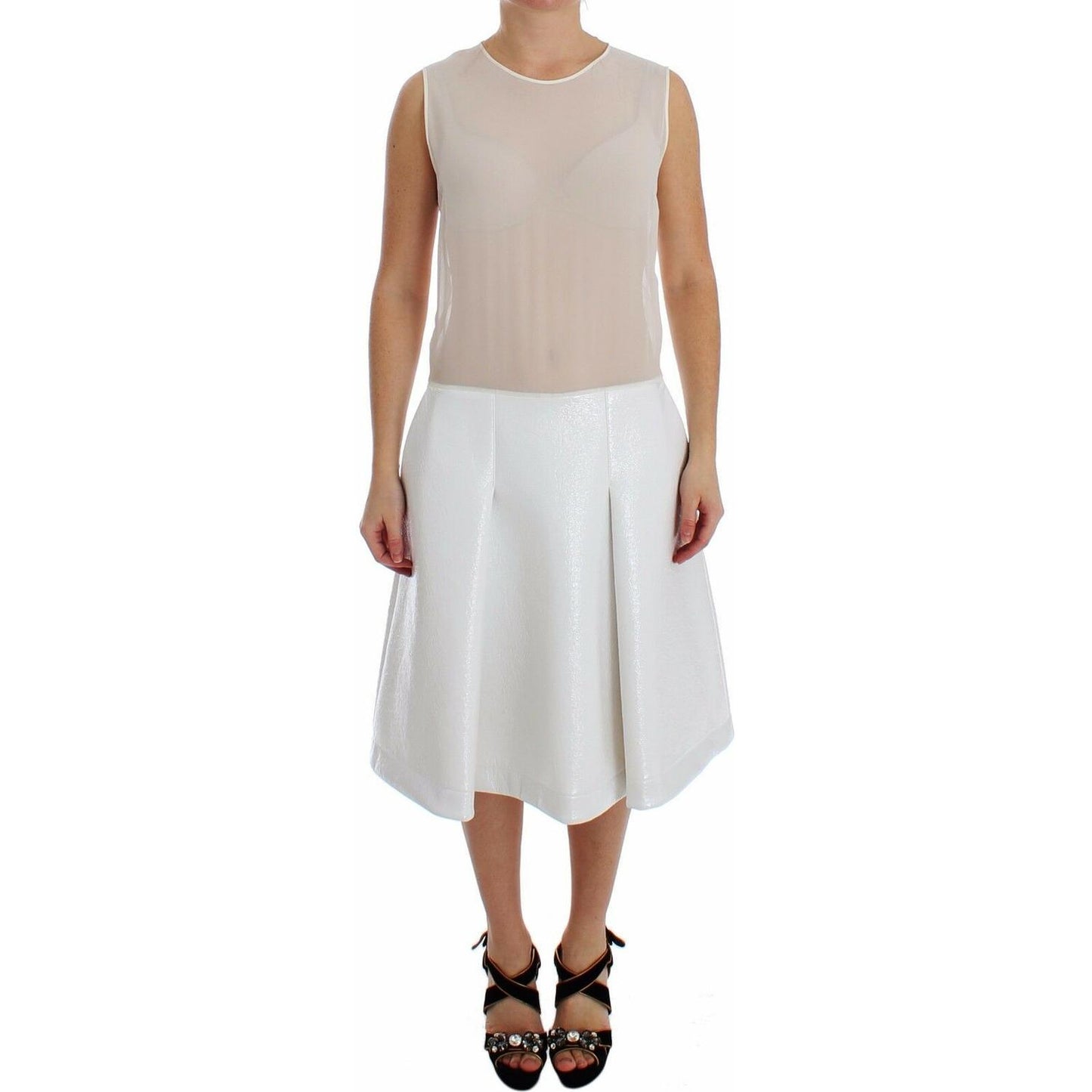 Koonhor White Pleated Bottom Tank Sheath Transparent Dress