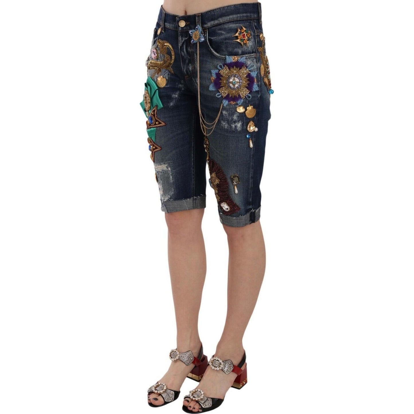 Dolce & Gabbana Elegant Knee-Length Embellished Denim Shorts Dolce & Gabbana