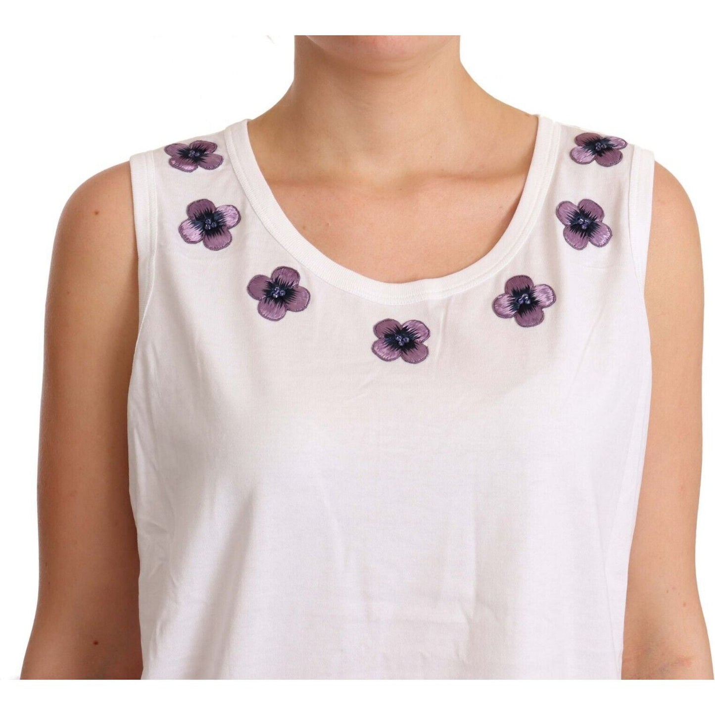 Dolce & Gabbana Floral Trim Logo Tank Top in White WOMAN T-SHIRTS Dolce & Gabbana