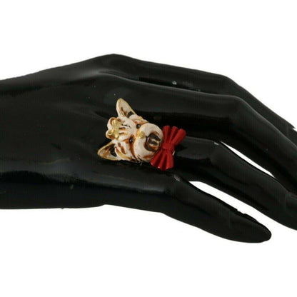 Dolce & Gabbana Beige Dog Pet Branded Accessory Gold Brass Resin Ring Dolce & Gabbana