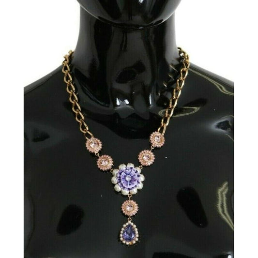 Dolce & Gabbana Elegant Gold Crystal Floral Charm Necklace Necklace Dolce & Gabbana