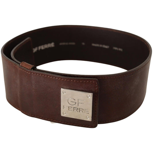 GF Ferre Brown Genuine Leather Wide Logo Buckle Waist Belt