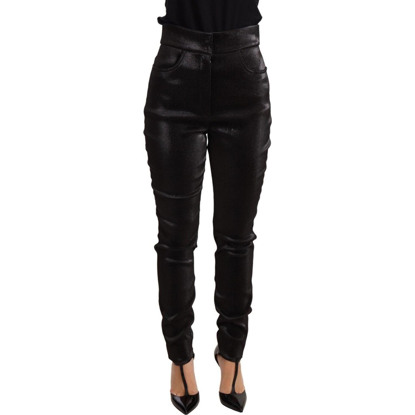 Dolce & Gabbana Black Silver Lurex Thread Cotton Stretch Pants 1728,21% Polyester,33% Nylon,5% Elastane,67345645728,Black,Clothing,Dolce & Gabbana,IT42|M,Jeans & Pants - Women - Clothing,Material: 41% Cotton,New with tags,Pants - Clothing,Skinny Pants - P