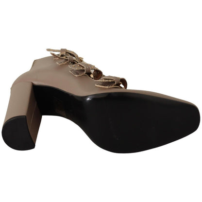 MY TWIN Brown Leather Block Heels Multi Buckle Pumps Shoes WOMAN PUMPS