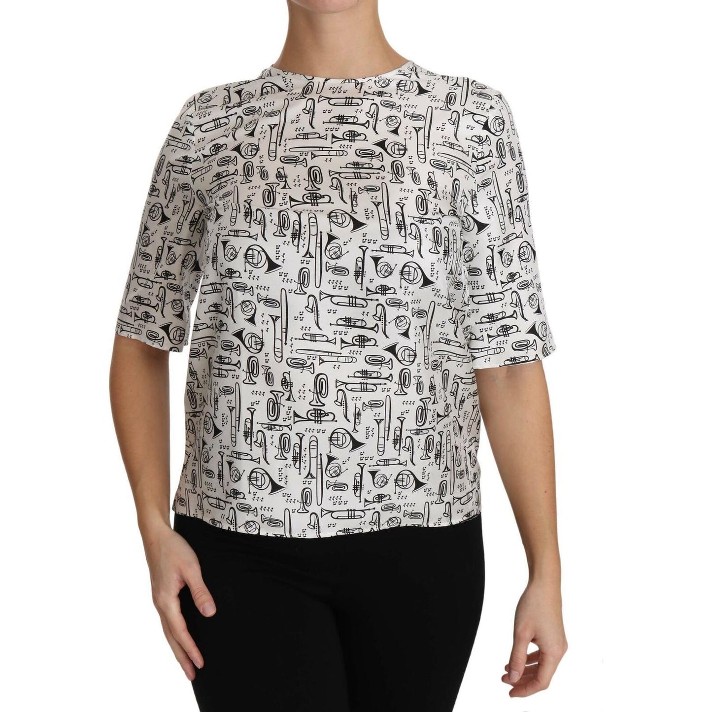 Dolce & Gabbana White Musical Instruments Print Blouse 1728,67345645728,Clothing,Dolce & Gabbana,IT36|XXS,IT38|XS,IT40|S,IT42|M,IT44|L,IT46|XL,Material: 100% Silk,New with tags,T-Shirts - Clothing,T-Shirts - T-Shirts - Clothing,Tops & T-Shirts - Women - C