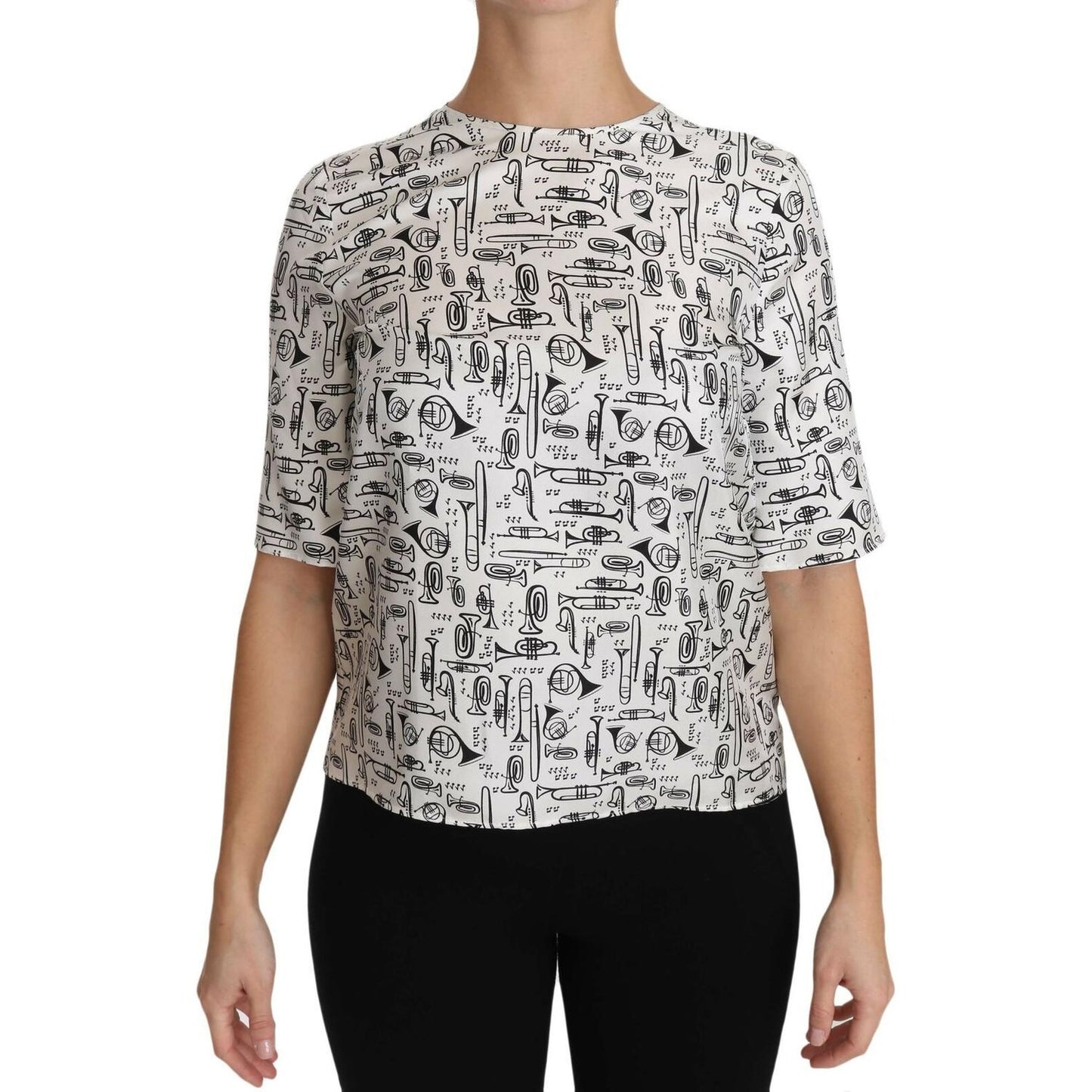Dolce & Gabbana White Musical Instruments Print Blouse 1728,67345645728,Clothing,Dolce & Gabbana,IT36|XXS,IT38|XS,IT40|S,IT42|M,IT44|L,IT46|XL,Material: 100% Silk,New with tags,T-Shirts - Clothing,T-Shirts - T-Shirts - Clothing,Tops & T-Shirts - Women - C