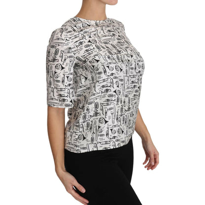 Dolce & Gabbana White Musical Instruments Print Blouse 1728,67345645728,Clothing,Dolce & Gabbana,IT36|XXS,IT38|XS,IT40|S,IT42|M,IT44|L,IT46|XL,Material: 100% Silk,New with tags,T-Shirts - Clothing,T-Shirts - T-Shirts - Clothing,Tops & T-Shirts - Women - C