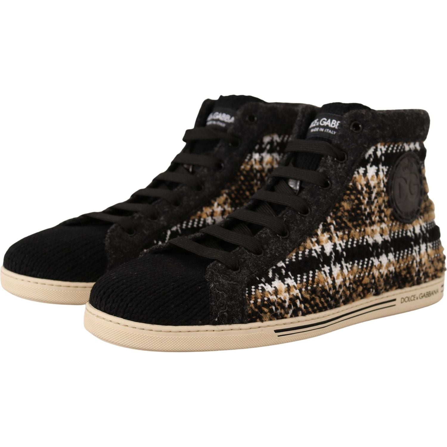 Dolce & Gabbana Beige Brown Wool Cotton High Top Sneakers