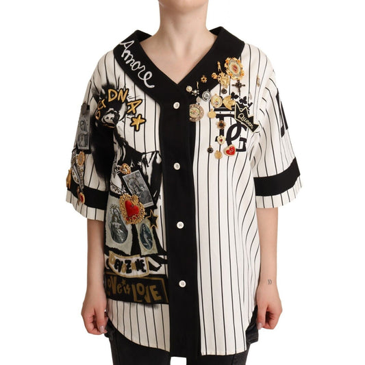 Dolce & Gabbana White Cotton Crystal Charms Amore Shirt