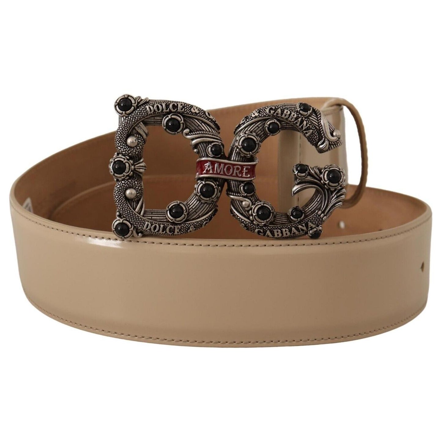 Dolce & Gabbana Beige Leather Silver Logo Buckle Amore Belt