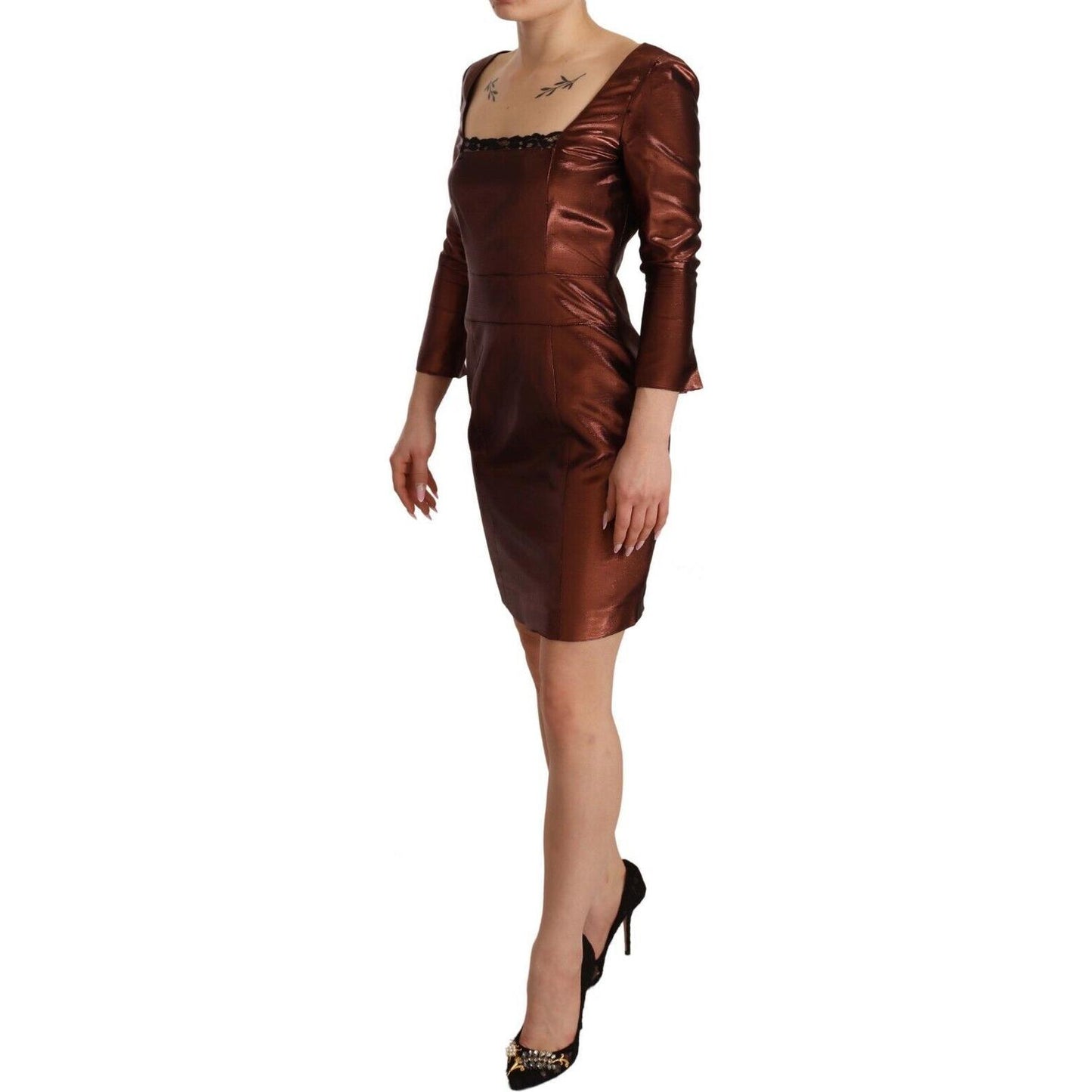 GF Ferre Elegant Bronze Sheath Mini Dress with Square Neck GF Ferre