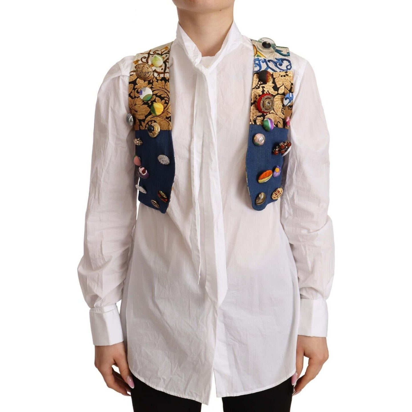 Dolce & Gabbana Multicolor Embellished Waist Coat Cotton Top Dolce & Gabbana