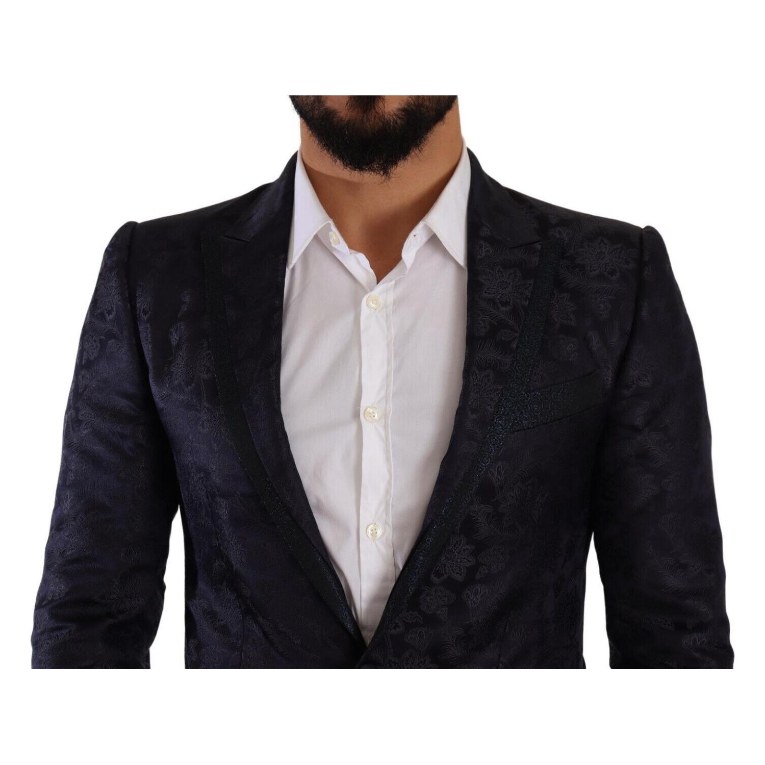 Dolce & Gabbana Blue Floral Jacquard Silk Coat MARTINI Blazer