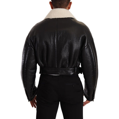 Dolce & Gabbana Black Leather Shearling Biker Coat Jacket 1728,67345645728,Biker Jackets - Jackets & Coats - Clothing,Black,Clothing,Coats - Jackets & Coats - Clothing,Dolce & Gabbana,IT48 | M,Jackets & Coats - Clothing,Jackets - Men - Clothing,Leather Ja