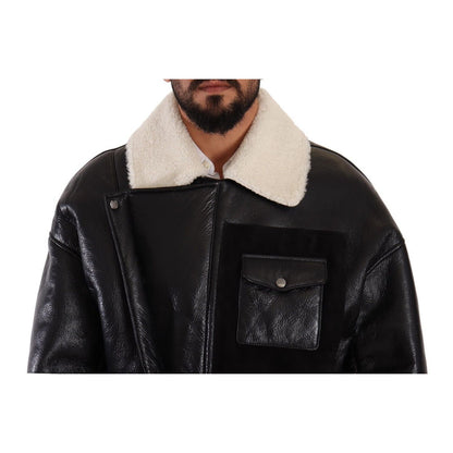 Dolce & Gabbana Black Leather Shearling Biker Coat Jacket 1728,67345645728,Biker Jackets - Jackets & Coats - Clothing,Black,Clothing,Coats - Jackets & Coats - Clothing,Dolce & Gabbana,IT48 | M,Jackets & Coats - Clothing,Jackets - Men - Clothing,Leather Ja