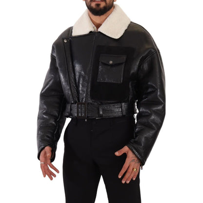 Dolce & Gabbana Black Leather Shearling Biker Coat Jacket 1728,67345645728,Biker Jackets - Jackets & Coats - Clothing,Black,Clothing,Coats - Jackets & Coats - Clothing,Dolce & Gabbana,IT48 | M,Jackets & Coats - Clothing,Jackets - Men - Clothing,Leather Ja