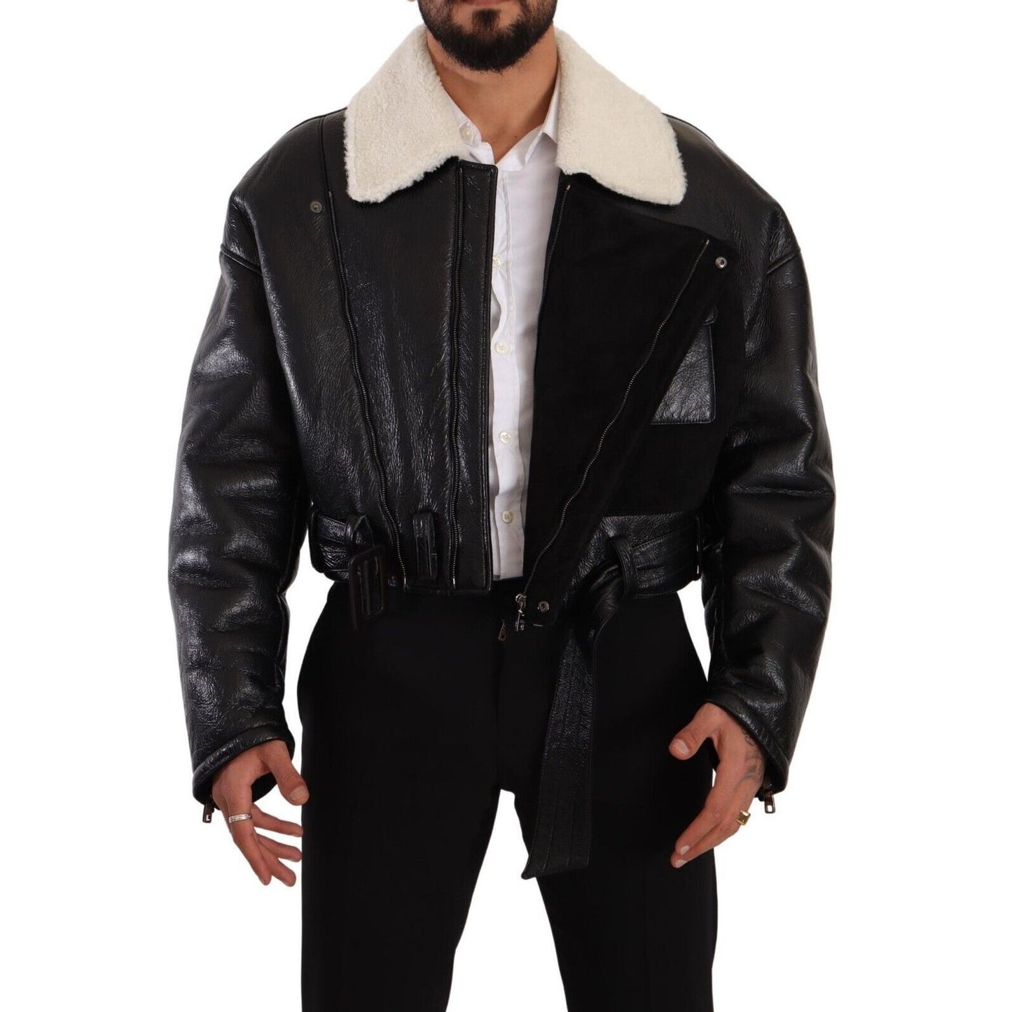Dolce & Gabbana Black Leather Shearling Biker Coat Jacket 1728,67345645728,Biker Jackets - Jackets & Coats - Clothing,Black,Clothing,Coats - Jackets & Coats - Clothing,Dolce & Gabbana,IT48 | M,Jackets & Coats - Clothing,Jackets - Men - Clothing,Leather Ja