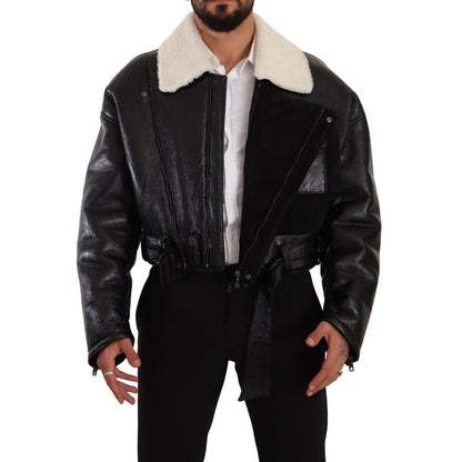 Dolce & Gabbana Black Leather Shearling Biker Coat Jacket 1728,67345645728,Biker Jackets - Jackets & Coats - Clothing,Black,Clothing,Coats - Jackets & Coats - Clothing,Dolce & Gabbana,IT48 | M,Jackets & Coats - Clothing,Jackets - Men - Clothing,Leather Ja