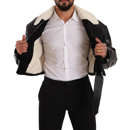 Dolce & Gabbana Black Leather Shearling Biker Coat Jacket 1728,67345645728,Biker Jackets - Jackets & Coats - Clothing,Black,Clothing,Coats - Jackets & Coats - Clothing,Dolce & Gabbana,IT48 | M,Jackets & Coats - Clothing,Jackets - Men - Clothing,Leather Ja