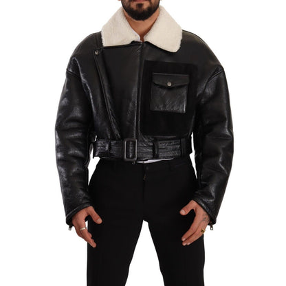 Dolce & Gabbana Black Leather Shearling Biker Coat Jacket 1728,67345645728,Biker Jackets - Jackets & Coats - Clothing,Black,Clothing,Coats - Jackets & Coats - Clothing,Dolce & Gabbana,IT48 | M,Jackets & Coats - Clothing,Jackets - Men - Clothing,Leather Ja