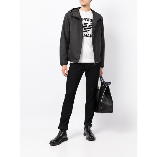 Emporio Armani Hooded jacket with zip in nylon jacquard eagle all over Jackets Emporio Armani Dark Slate Gray