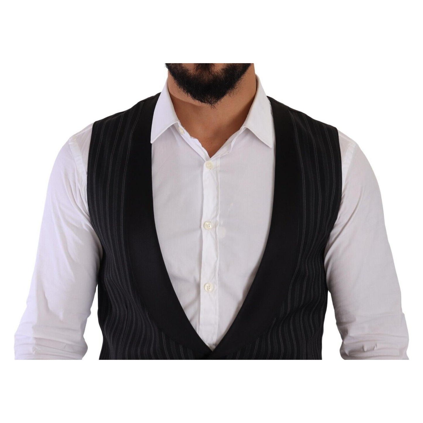 Dolce & Gabbana Black Striped Wool Silk Waistcoat Vest