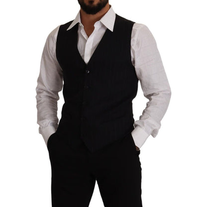 Dolce & Gabbana Blue Striped Wool Stretch Waistcoat Vest