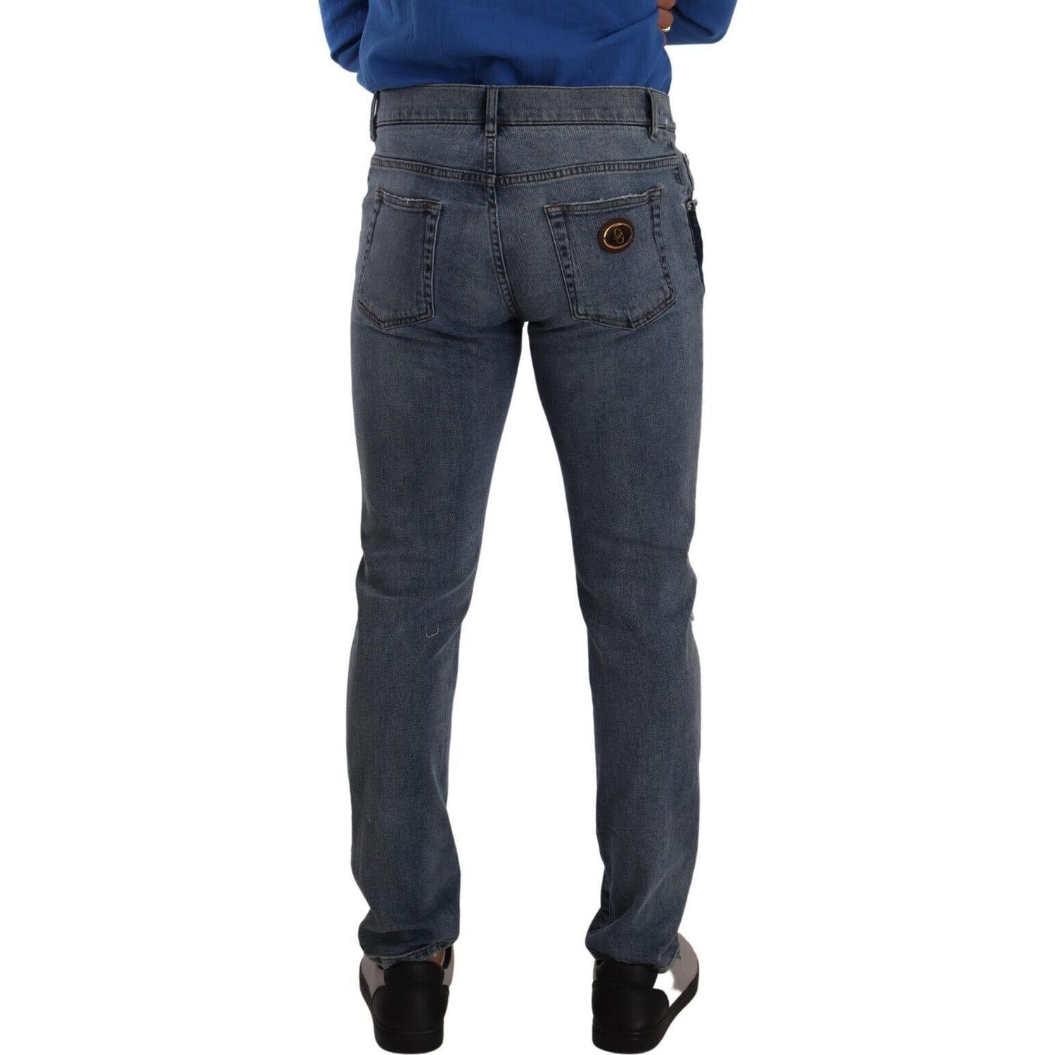 Dolce & Gabbana Blue Two Tone Tattered Cotton Slim Denim Jeans