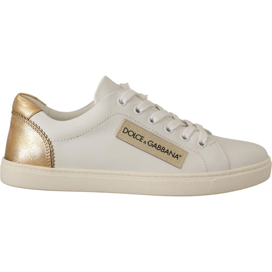 Dolce & Gabbana White Gold Leather Low Top Sneakers 1728,67345645728,Dolce & Gabbana,EU35/US4.5,Low Tops - Sneakers - Shoes,Material: 100% Leather,New with tags,Shoes,Sneakers - Shoes,Sneakers - Women - Shoes,White,Women,Women - Shoes
