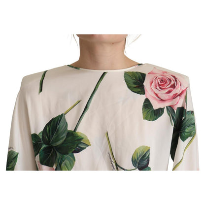 Dolce & Gabbana White Rose Print Long Sleeves A-line Dress