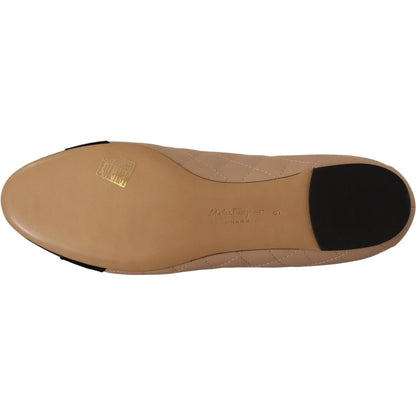 Salvatore Ferragamo Beige and Black Nappa Leather Ballet Flat Shoes