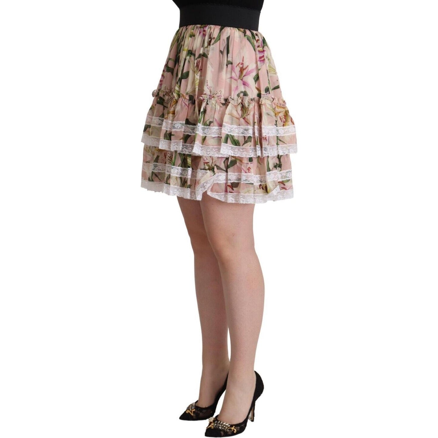 Dolce & Gabbana Pink Lily Print Silk Mini Tiered A-line Skirt